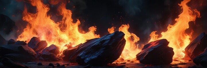 Blazing blue and red fire consumes a dark environment, heat, destructive