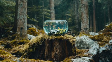 Forest Fishbowl Goldfish in a glass bowl on a mossy stump, amidst trees