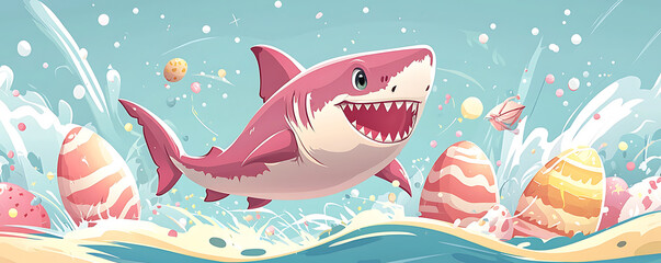 Fototapeta premium Pink shark leaps through ocean waves, surrounded by pastel Easter eggs.