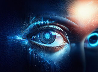 Close-up of a cybernetic eye, showcasing intricate circuitry and a grainy paper texture.  The blue glow highlights technological advancement.