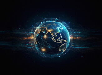 A grainy, textured paper-like globe, digitally rendered, shows illuminated connections across continents against a dark background.  The effect is one of global network and communication.