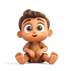 Adorable cartoon baby boy sitting, big eyes, sweet smile.