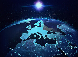 A grainy, textured paper-like depiction of Europe at night, illuminated by city lights and a bright star, viewed from space.  The image has a digital, almost ethereal quality.