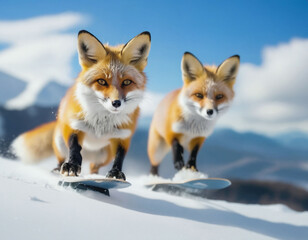 Fototapeta premium Two red foxes, standing on small skateboards, glide across a snowy mountain landscape. The grainy paper texture adds a unique artistic touch.
