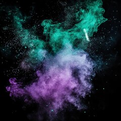 Green and purple fireworks with smoke over the black sky. Low key exposure.