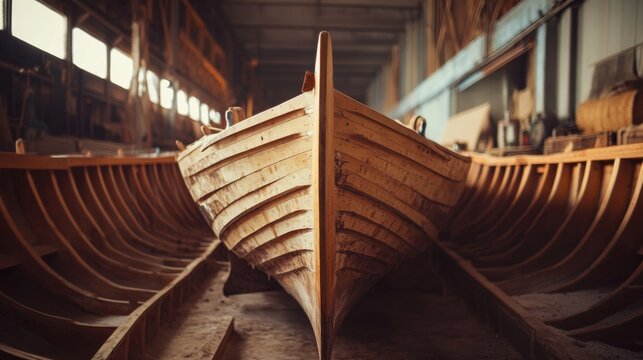 Wooden Boat Under Construction in a Workshop