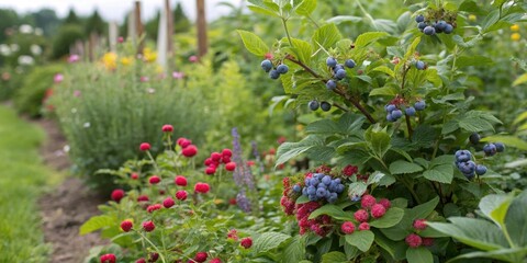 Blueberry and raspberry plants growing together in a garden bed amidst flowers, raspberries, foliage