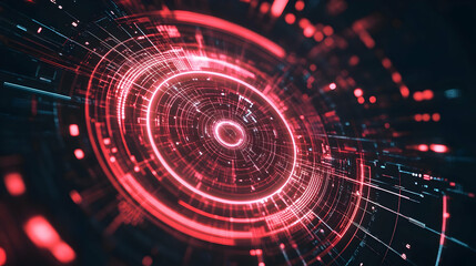 Fototapeta premium Glowing Red Digital Interface With Circular Elements, Representing Futuristic Technology And Data Networks. Generative AI