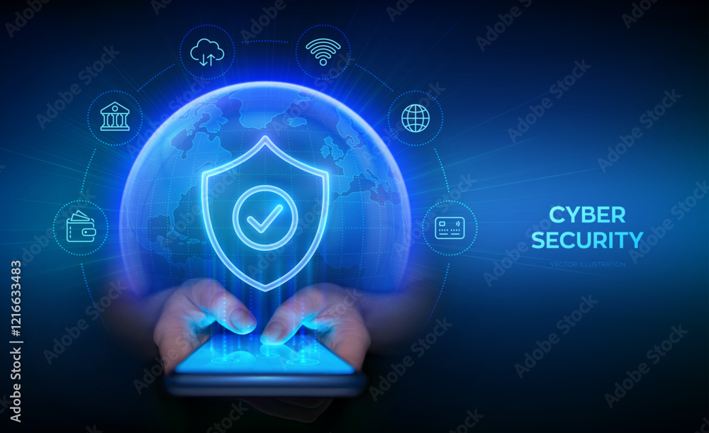 Poster cyber security and protection smartphone. protection shield with check mark icon. secure internet co
