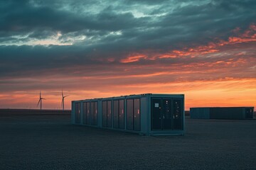 battery energy storage system at a wind farm at sunset