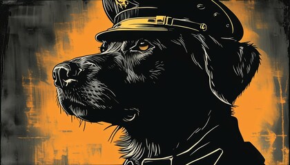 A Labrador dog wearing a military-style cap. The dog is depicted in profile, and the expression on his face is serious. the photo is reflected on a black background,