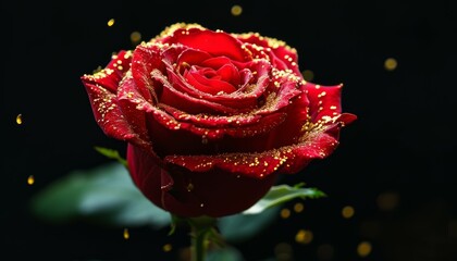a large red velvet rose sprinkled with gold sequins on a black background