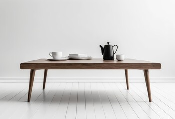 A modern wooden coffee table displaying a sleek black teapot, cups, and stacked plates, embodying simple elegance in a chic living space.