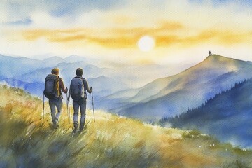 Obraz premium two hikers walk through mountain landscape at sunset