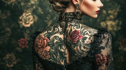 Woman with Exquisite Back Tattoo and Lace Dress