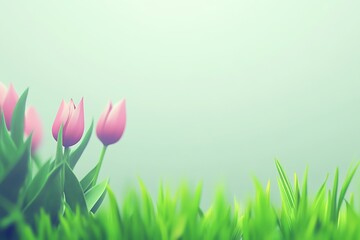 Fototapeta premium Soft Pink Tulips Emerging from Lush Green Grass, Springtime Pastel Background