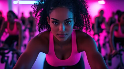 Cycling enthusiasts engaged in an energetic spin class illuminated by vibrant pink and blue lights in a dynamic fitness studio