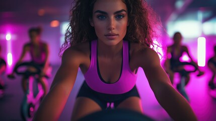 Group cycling class in a vibrant studio with a determined female instructor leading the session in a dynamic atmosphere