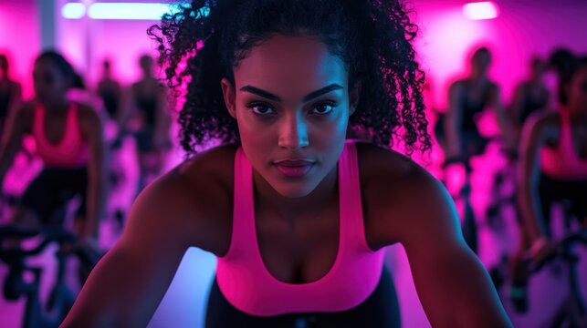 Cycling enthusiasts engaged in an energetic spin class illuminated by vibrant pink and blue lights in a dynamic fitness studio