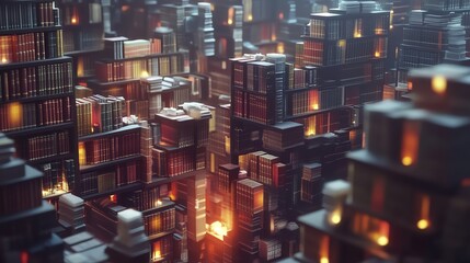 A mesmerizing view of towering bookshelves illuminated by warm lights, creating an enchanting literary landscape.