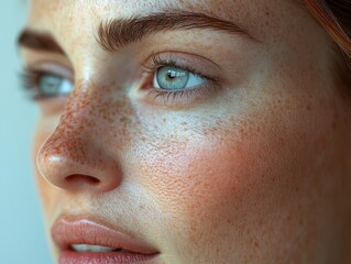 Fototapeta premium Close-up view of a young woman with striking freckles, bright blue eyes, and soft skin showcasing natural beauty under warm light in an indoor setting