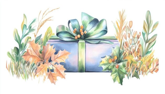 A beautifully wrapped gift adorned with autumn leaves and greenery, set against a white background