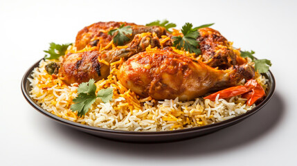 Plate of delicious chicken biryani served on a white background, with aromatic spices and vibrant colors