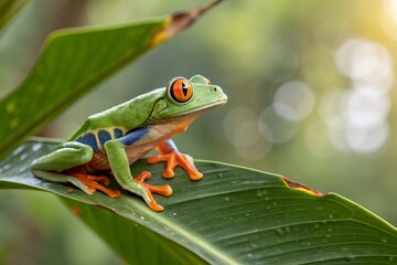 Fototapeta premium Close-Up of a Vibrant Javan Tree Frog Perched on a Leaf in a Tropical Rainforest