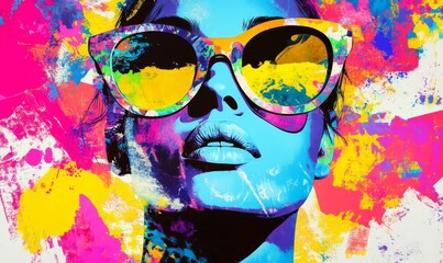Bold Expression: Modern Pop Art Woman with Bright Sunglasses in Colourful Conceptual Collage Poster, Vibrant Fashion and Artistic Style, Youthful Female Portrait, Generative AI