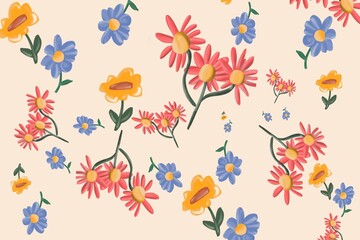 Colorful floral pattern with daisies and vibrant flowers on a soft background