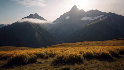 Majestic Mountain Valley: Panoramic High-Angle View with Rugged Peaks, Winding River, and Evergreen Forests