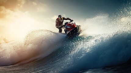 Jetski Rider Conquering Ocean Waves During Sunset