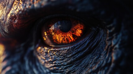 Detailed close-up of a creature's eye depicting dramatic textures and colors in a fantastical setting during twilight hours