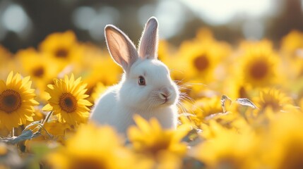 Fototapeta premium White rabbit sitting sunflower field, sunny day, nature