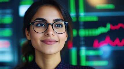 Confident professional woman in glasses observes digital financial data in a modern office during daytime hours