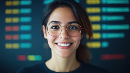 Fototapeta premium Bright smile of student in glasses in a classroom filled with colorful charts before a study session in the early evening