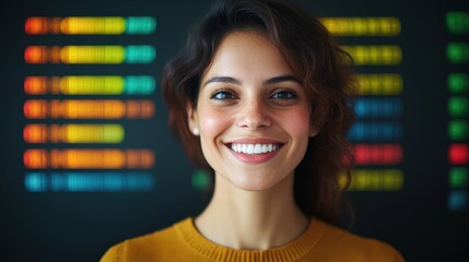 Smiling woman in front of colorful digital display in a modern workspace during the day