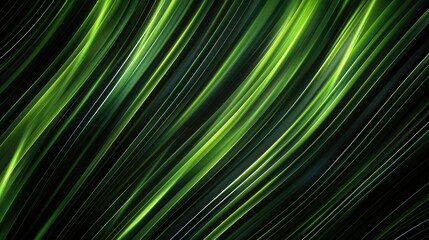 A vibrant abstract design featuring flowing green lines on a dark background.
