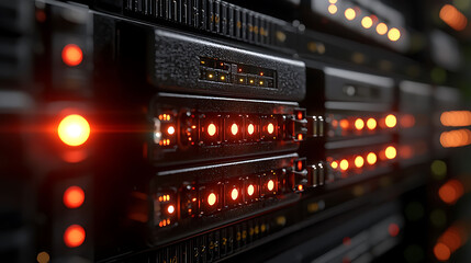 Closeup shot of glowing server rack, showcasing intricate details and technological complexity.  Perfect for illustrating concepts of data centers, networking, technology, and hightech infrastructure.