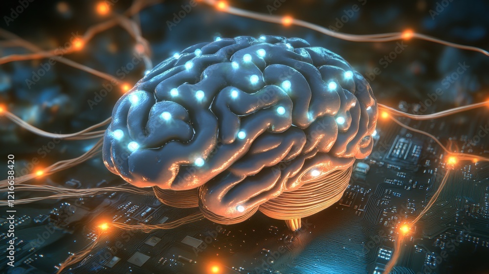 Poster artificial intelligence concept: a 3d rendered brain connected to a circuit board
