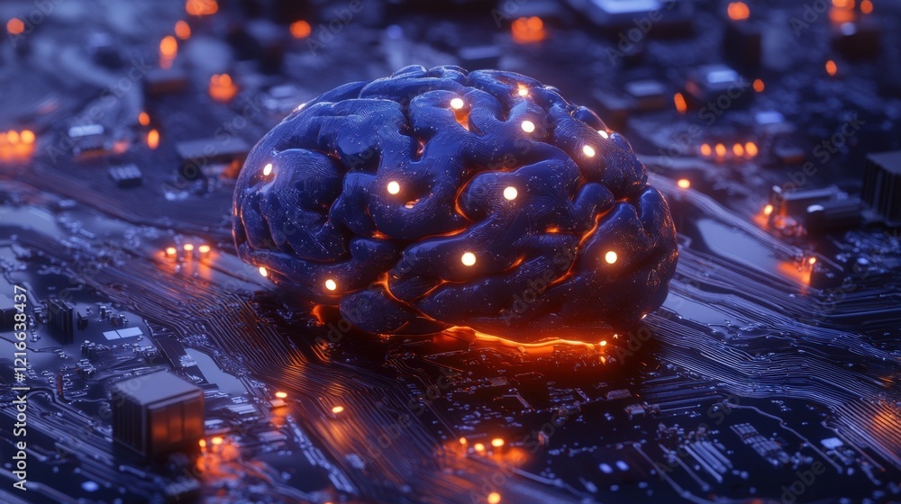 Poster ai brain glowing on a circuit board, concept of artificial intelligence and machine learning