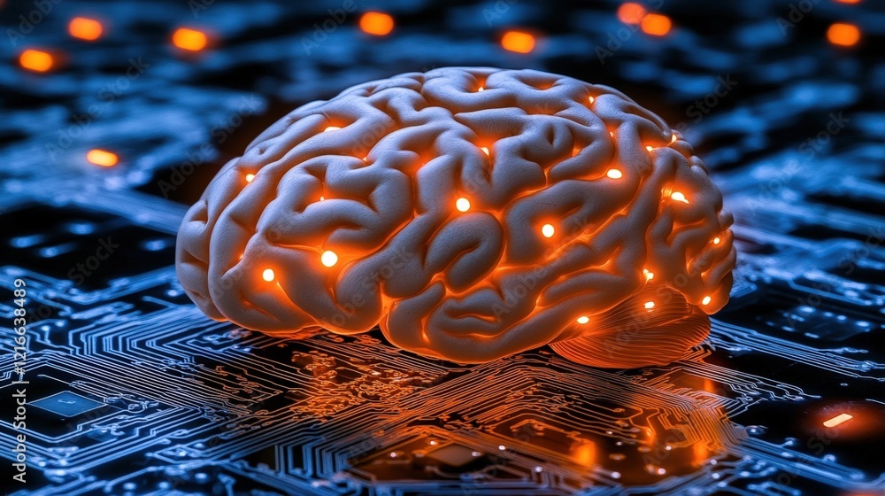 Poster artificial intelligence concept: glowing brain on circuit board