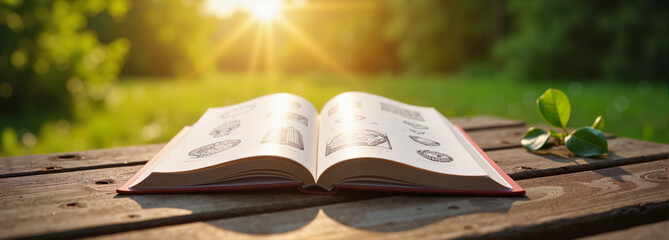 Open book on wooden table in sunny garden