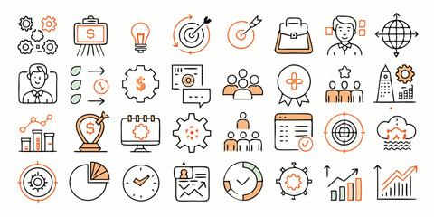 Management line icon set. Set of outline icons related to management, business, success, target, plan and others. Management outline icons collection. Vector illustration