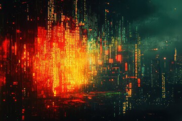 Matrix-like code descending over a broken screen with flickering digital noise and colorful glitch effects