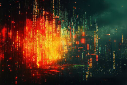 Matrix-like code descending over a broken screen with flickering digital noise and colorful glitch effects