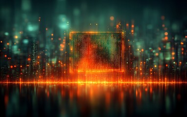 Glowing digital square over futuristic city.