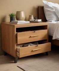 Brown and ochre-hued bedside storage unit with natural wood grain, ochre, wood