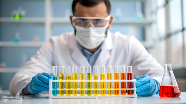 A chemist conducts a scientific experiment in a well-equipped laboratory, analyzing chemical compounds in glass tubes