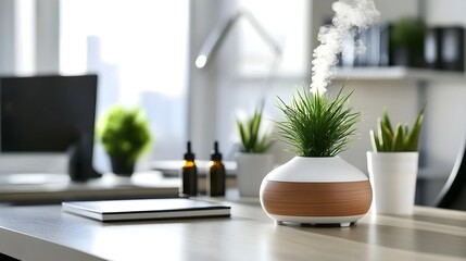 An essential oil diffuser emitting vapor on a tidy office desk, creating a calming atmosphere.